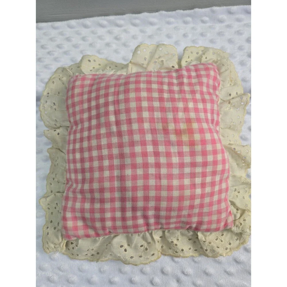 Ruffle Gingham Pillow Pink Cottagecore Embroidered Happy Birthday 10” Jennifer